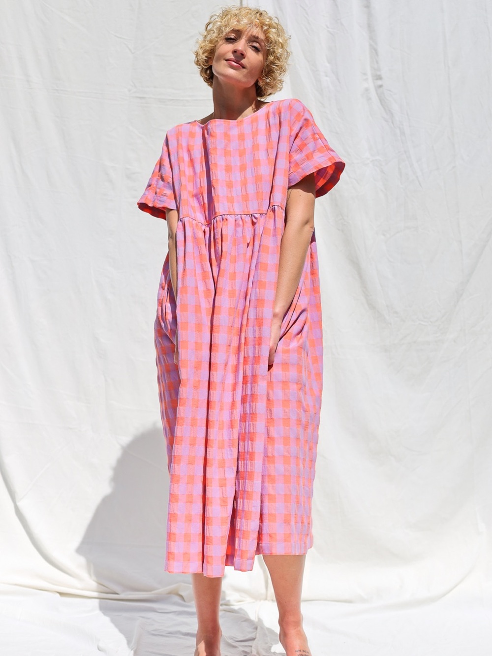 OffOn 100% Cotton Oversized Seersucker Checks Silvina Maxi Dress One Size Pink